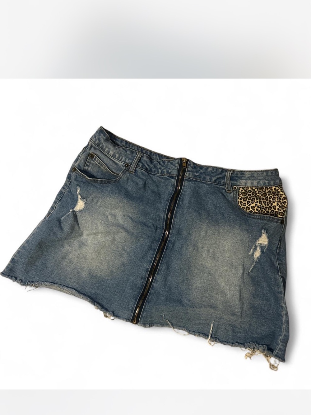 Distressed Blue Denim Mini Skirt with Leopard Pocket